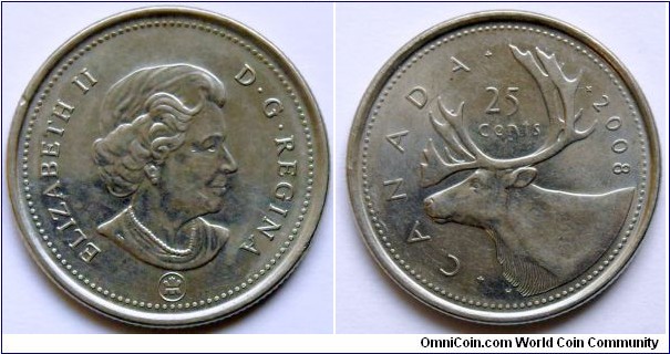 25 cents.
2008, RCM mintmark.