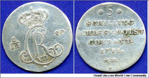 5 schilling (1/12 Specie-Daler).
Schleswig-Holstein.
Christian VII, of Danmark (1784-1808).
*MF*- mintmaster Michael Flor.


Ag500f. 4,214gr.


Ag.