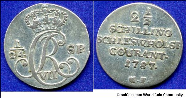 2-1/2 schilling (1/24 Specie-Daler).
Schleswig-Holstein.
Christian VII, of Danmark (1784-1808).
*MF*- mintmaster Michael Flor.
Mintage 4,800,000 units.


Ag375f. 2,809gr.