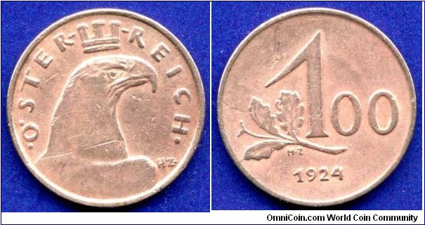100 kronen.
Austrian Republic.
Pre-Reform coinage.
Mintage 43,013,920 units.
*HZ*.


Br.