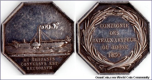 Silver jeton struck for the `Compagnie des Bateaux a Vapeur du Rhone' (The Rhone Steamboat Company)