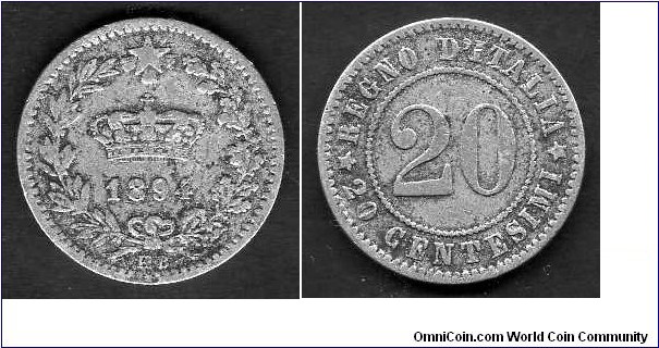 20 Centesimi __km# 28 (1894-1895)