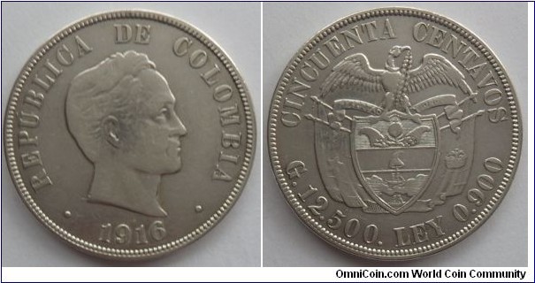 COLOMBIA 50 CENTAVOS SILVER 0.900 VF CAT 132-4 
SOLD