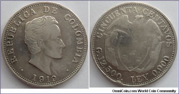 COLOMBIA -1919 50 CENTAVOS-SILVER-CURVED  CAT 152-4
SOLD