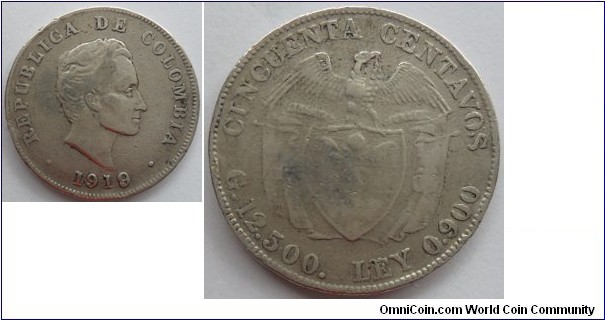 COLOMBIA 1919-50 CENTAVOS-SILVER  CAT 211-4 SOLD