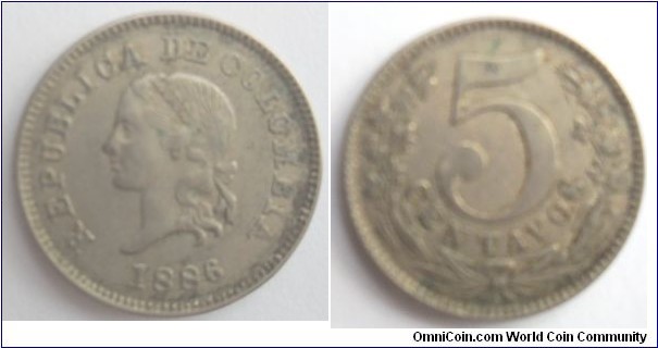COLOMBIA 5 CENTAVOS 1886 CU-NI- CAT 166-3-3.1G 18.8MM PLAIN- KM·183.2 $ 10