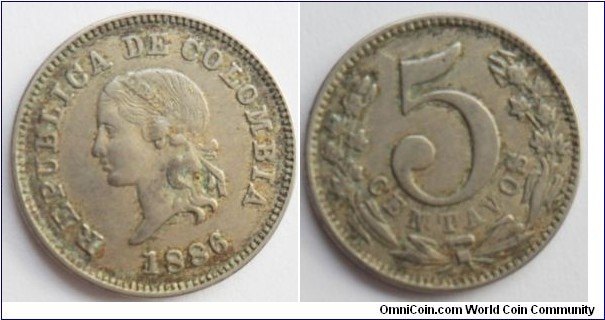 COLOMBIA 5 CENTAVOS 1886- CAT 167-3-$ 9