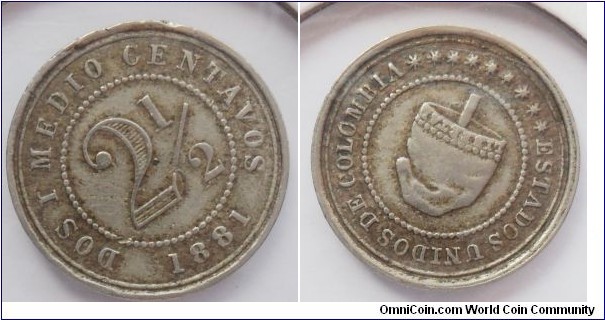 COLOMBIA 2-1/2 1881-LARGE SIZE-RARE- CAT 121-3 $ 10