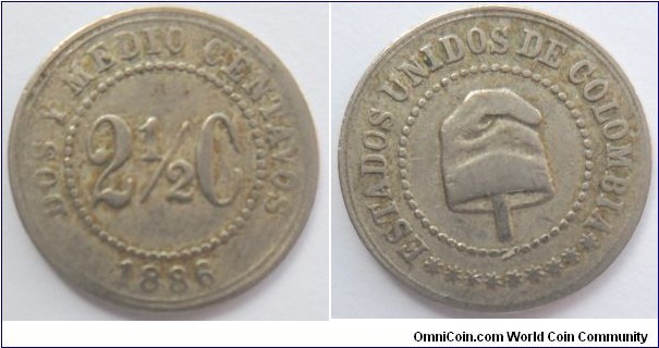 COLOMBIA 5 2-1/2 CENTAVOS 1886 KM· 179S CAT 187-3