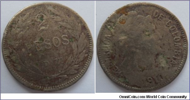 COLOMBIA 2 PESOD 1910-KM 279-3GM 19MM INFLATION COINAGE CAT 141-2 