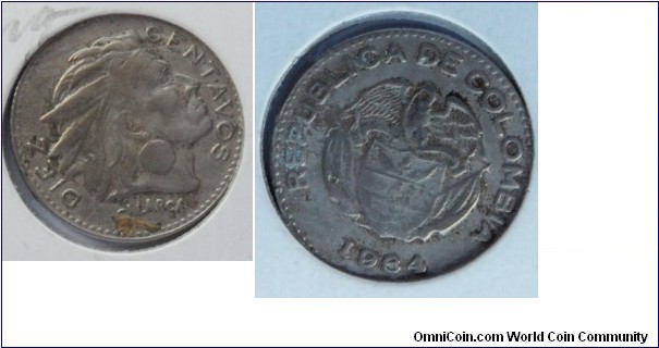 COLOMBIA 1964 10 CENTAVOS-CALARCA-CAT 181-2