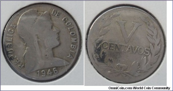 COLOMBIA 1946- 5 CENTAVS-KM199-2GM-17MMM-PLAIN CAT 154-2 