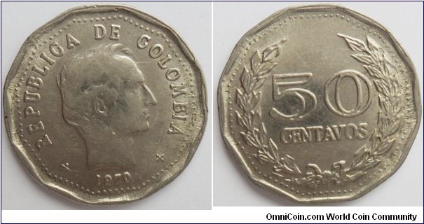 COLOMBIA 50 CENTAVOS 1970 KM244-1 CAT 197-5 