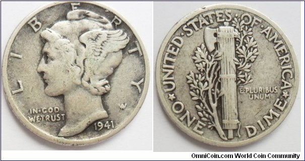 usa 1941 dime silver mercury 90% silver 10 copper 2.5 gr 0.900 19.9 mm-philadelphai cat 161-5