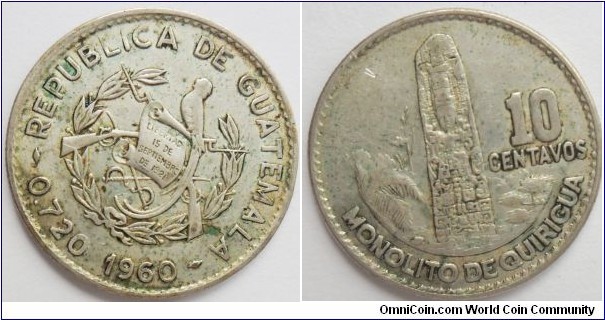 GUATEMALA 1960 10 CENT-SILVER 0.720 CAT 160-5 