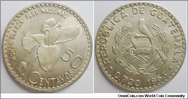 GUATEMALA 1963 SILVER 50 CENTAVOS CAT 137-5