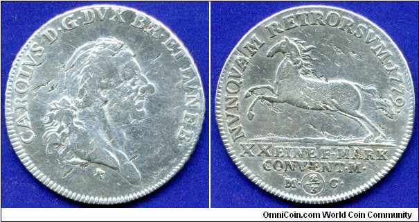 2/3 Thaler (Gulden, 1/2 Konventthaler).
Braunschweig-Wolfenbüttel.
Karl I (1735-1780).
*MC* - Münz-Comission.
*K* - Christian Friedrich Krull, die-cutter in 1762-1802.


Ag833f. 14,033gr.