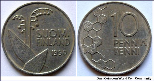 10 pennia.
1990, Cu-ni. Weight; 1,8g. Diameter; 16,3mm.
Smooth edge. Design;
Antti Neuvonen.
Mint of Finland, Vantaa (Rahapaja Oy)
Mintage; 338.100.000 units.