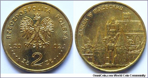 2 zlote.
2002, Castle in Malbork. Metal; Nordic Gold. Weight; 8,15. Diameter; 27mm. Mint Warsaw. Mintage; 680.000 units. 