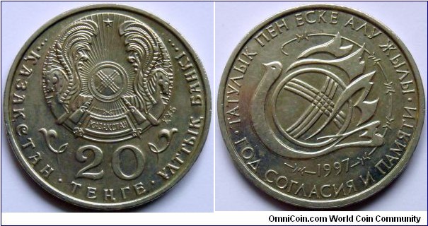 20 tenge.
1997, The year of consent and memory. Cu-Ni. Weight; 11,37g. Diameter; 31mm. Mintage; 50.000 units.