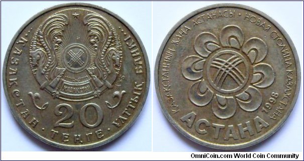 20 tenge.
1998, Astana - the new capital of Kazakhstan. Cu-Ni. Weight; 11,37g. Diameter; 31mm. Mintage; 50.000 units.