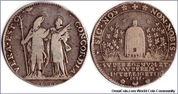 silver jeton issued for the `Commissaires des Pauvres' (possibly Nicolas Laleu?)in 1685. The reverse design on this piece is not catalogued in either Feuardent or Mitchiner which leads me to believe that it is quite rare. 
