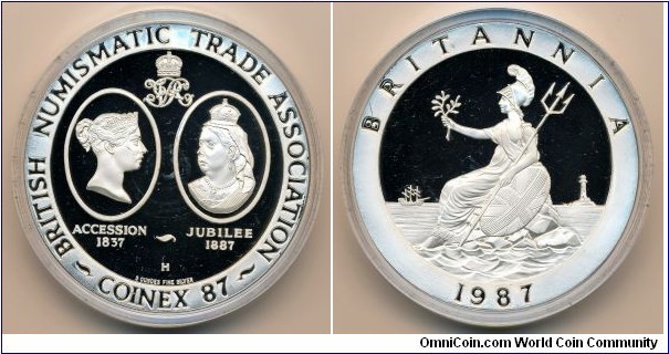 Great Britain The Birmingham Mint - British Numismatic Trade Association's Britannia Silver Medal Coinext 1987. Subject: 150th Anniversary of Coronation of Queen Victoria. Mintage: 500 units. Number 496.