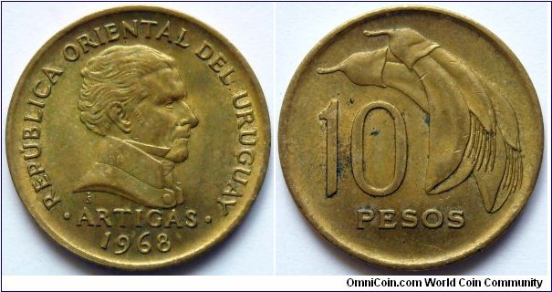 10 pesos.
1968, Cu-Al-Ni.
Weight; 4g. Diameter; 23mm.
Mintage; 100.000.000 units.