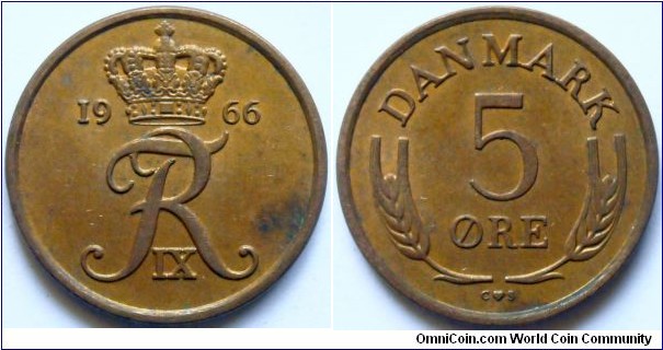 5 ore.
1966, Brass. Weight; 6g. Diameter; 27mm.
Plain edge. Initials; C/S.
Mint; Royal Danish Mint (Den Kgl. Mont)
Mintage; 23.410.000 units.