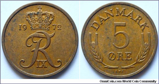 5 ore.
1972, Brass.
Weight; 6g. Diameter;
27mm. Plain edge. Initials; S/S.
Mint; Royal Danish Mint (Den Kgl. Mont)
Mintage; 27.938.000 units.