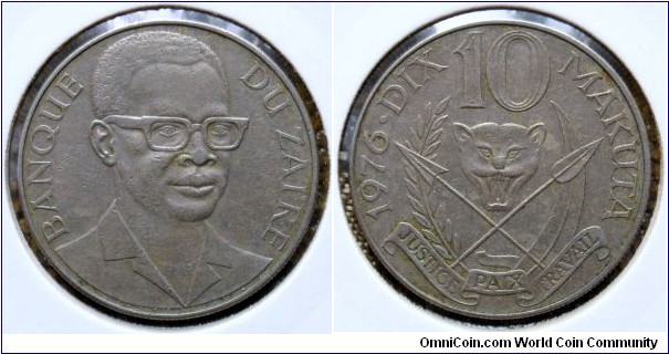 10 makuta.
1976, Republic of Zaire (now Democratic Republic of the Congo)