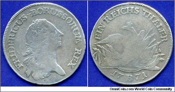 1 Reichs Thaler.
Kingdom of Prussia.
Friedrich II (1740-1786), The Greath, von Preussen.
*B* - Breslau mint, Silesia (Schlezien).


Ag750f. 22,27gr.