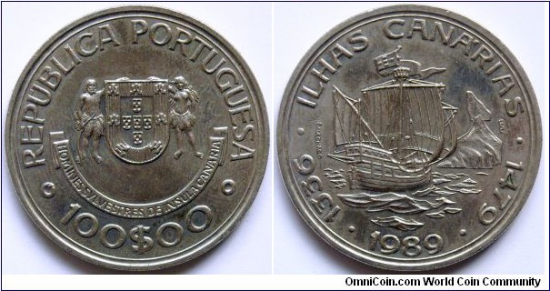100 escudos.
1989, Discovery of the Canary Islands.