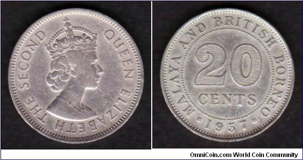 Malaya & British Borneo 20 Cents 1957H KM#3 