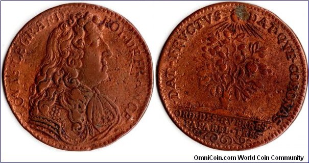 copper jeton issued for the `Ordinaires Des Guerres'. Minted at Nurenberg on the orders of Paparel, the army treasurer.