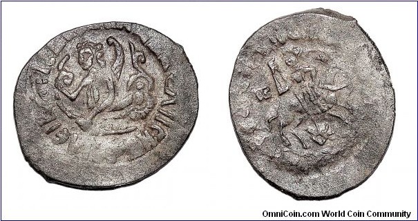 RUSSIA (MOSCOW)~AR Denga 1425-1462 AD. Under Grand Duke: Vasily Rurik II~The Blind. Obv: Siren holding sword w/Russian legend. Rev: Horserider killing dragon w/ Russian legend. *RARE*