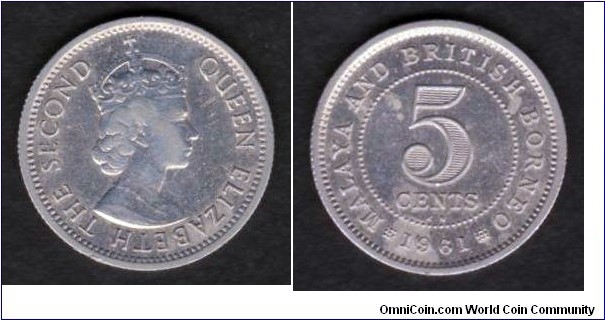 Malaya & British Borneo 5 Cents 1961KN KM#1 
