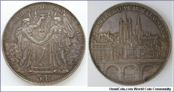 Swiss Shooting Fest 5 Fr. Tir Federal de A Lausanne engraved by Edouard Drussel, Silver 37 MM. Mintage 20,000