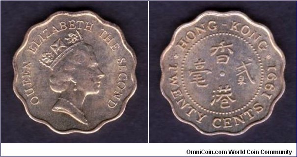Hong Kong 20 Cents 1991 KM#59 