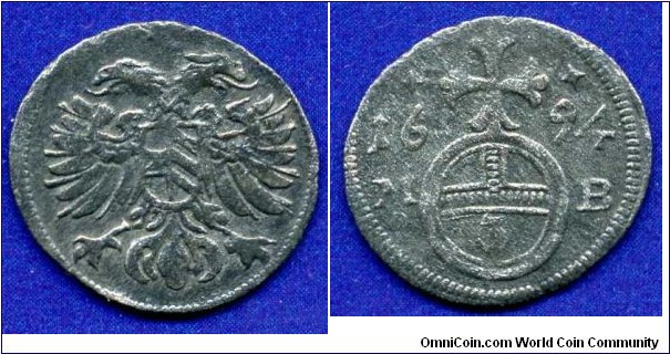 3 pfennig (3/4 kreuzer, Greschl).
Austrian arm.
Leopold I (1656-1705), Emperor of Holy Roman Empire & Archduke of Austria.
*MB* - Brieg mint, Silezia.


Bilon.