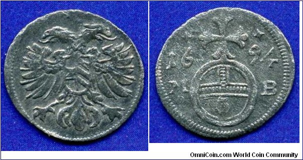 3 pfennig (3/4 kreuzer, Greschl).
Austrian arm.
Leopold I (1656-1705), Emperor of Holy Roman Empire & Archduke of Austria.
*MB* - Brieg mint, Silezia.


Bilon.