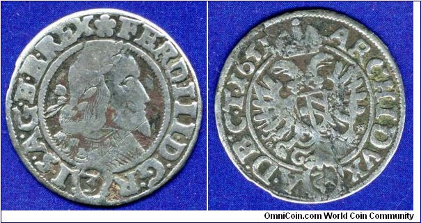 3 kreuzer.
Austrian arm.
Ferdinand III (1637-1657), Emperor of Holy Roman Empire.
Breslau mint.


Ag414f. 1,74gr.