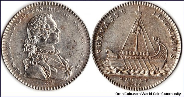 silver jeton minted for Louis de Bourbon et Penthievre, Grand Admiral of the French Fleet. This particular example is rather flatly struck obverse but otherwise aUnc