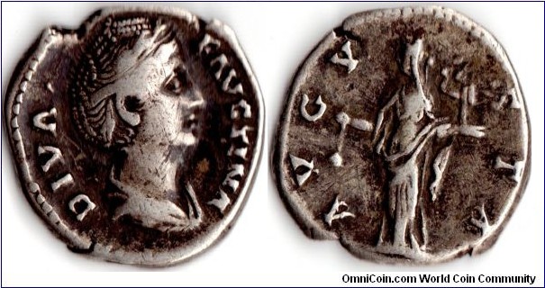 postumous issue silver denarius of Faustina (Senior), wife of Antoninus Pius circa 145 ad