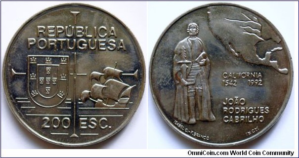 200 escudos.
1992, 450th Anniversary Discovery of California. Joao Rodriguez Cabrilho.