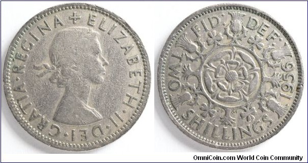 2 Shillings, Elizabeth II, 1st Portrait, 28.52 mm, 11.3 g, Cupro-nickel