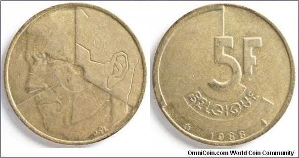 5 Francs, Baudouin I, 24 mm, 5.51g, Brass or Aluminium-bronze