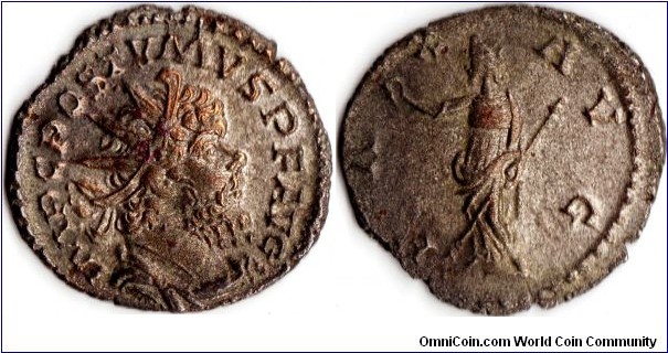 silvered Ae Antoninianus of Pustumus 259 -268 AD. `Pax Aug' reverse.