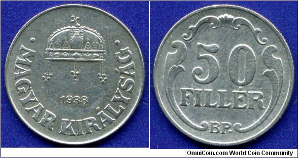 50 fillér.
Kingdom of Hungary.
*BH* - Budapesht mint.
Mintage 50,079,000 units.

Cu-Ni.