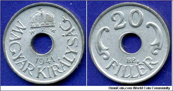 20 fillér.
Kingdom of Hungary.
*BP* - Budapesht mint.
Mintage 75,007,000 units.


Steel.